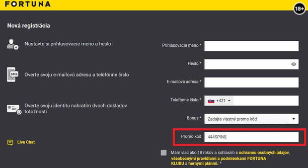 Fortuna promo kód 444SPINS