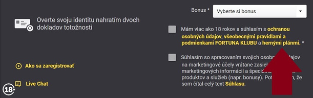 Pri Fortuna registrácii musíte súhlasiť s HP