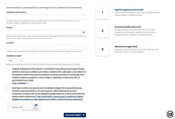 eTipos registrácia – prvý formulár