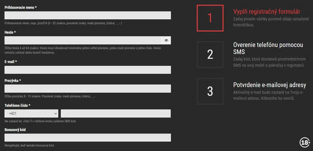 Synottip registrácia – prihlasovací formulár